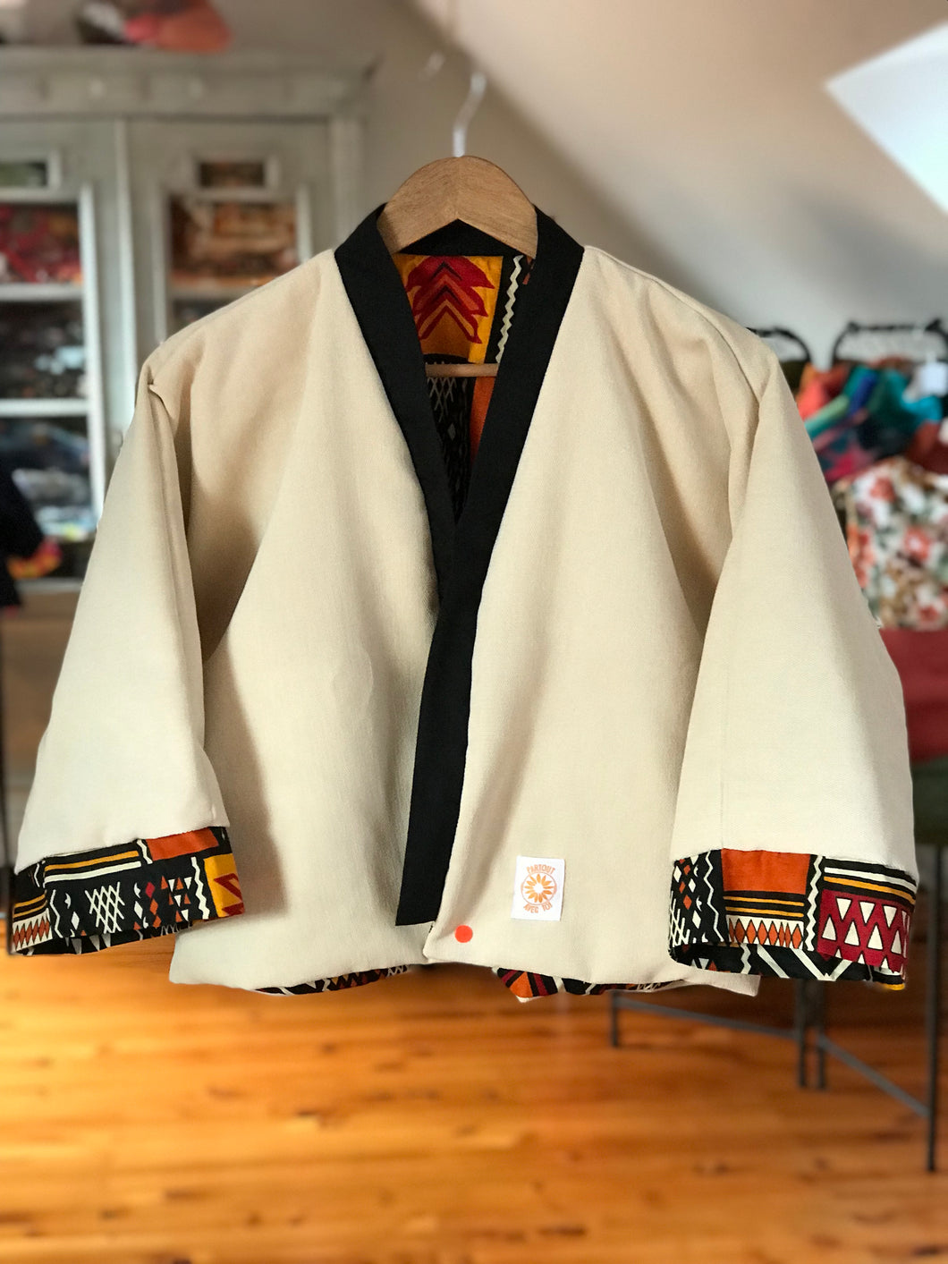 Veste kimono wax et beige